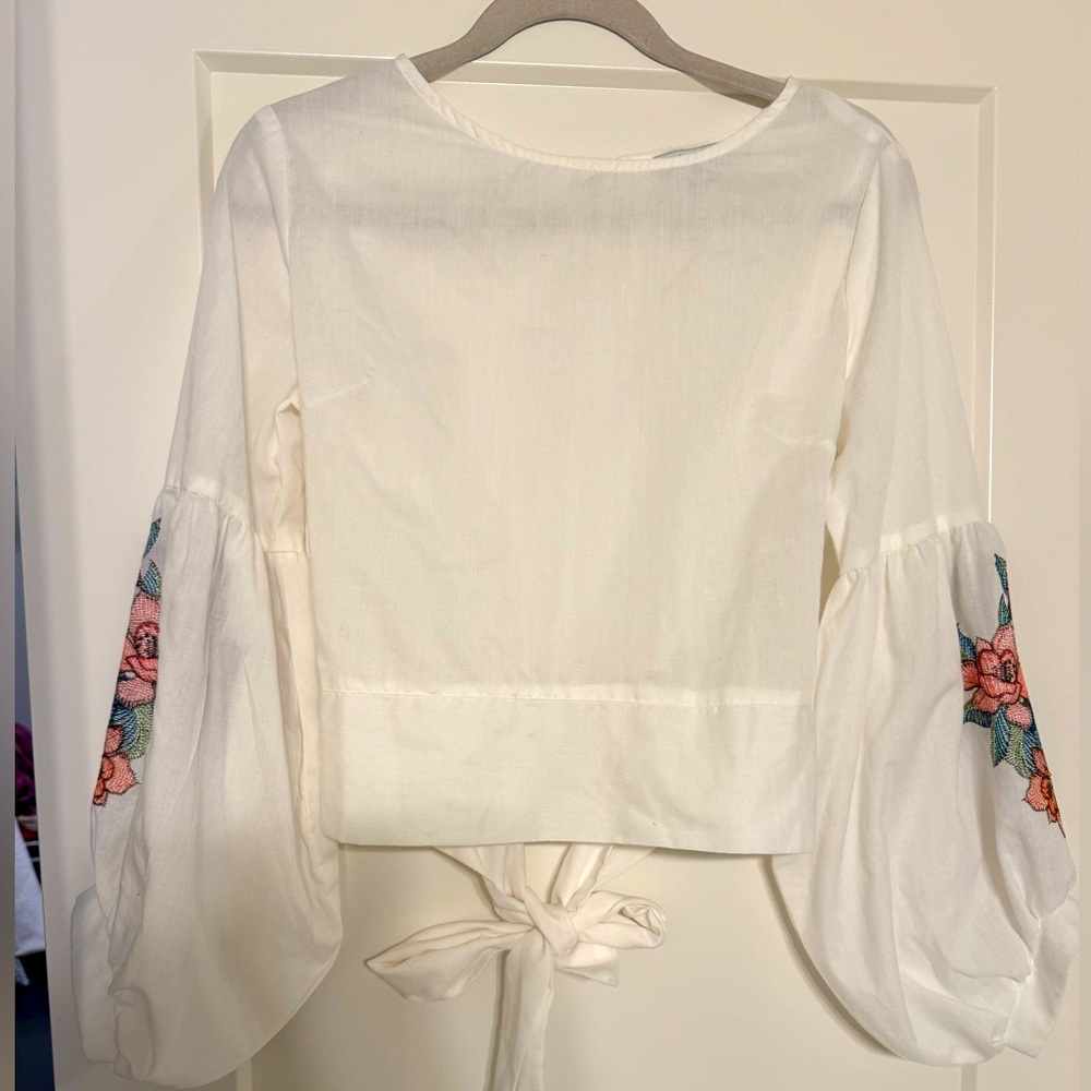 Embroidered balloon sleeve top.